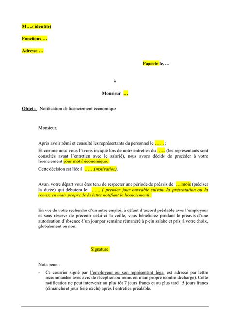 Model De Notification De Licenciement Conomique Doc Pdf Page Sur