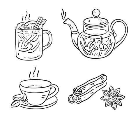 Premium Vector Hot Drinks Mulled Wine Hot Tea In A Teapot A Cup Of Tea And A Cinnamon Stick