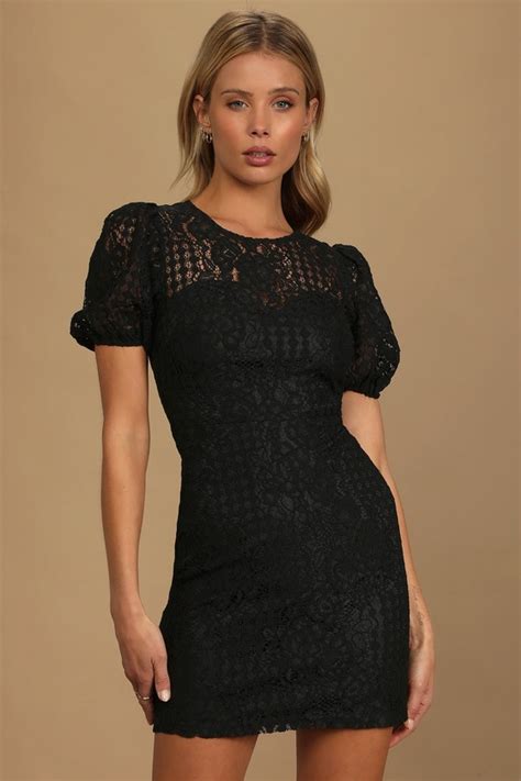 Black Lace Dress Lace Mini Dress Puff Sleeve Dress Lulus