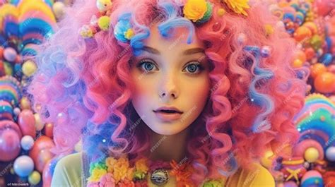 Premium Ai Image A Girl With A Pink Wig And A Rainbow Hair