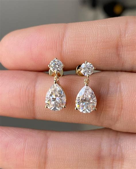 Pear Cut Moissanite Dangle Drop Earrings Moissanite Gold Bridal