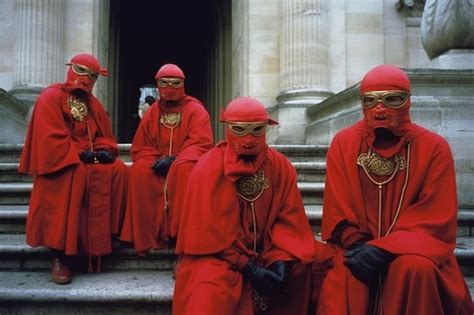 Un Grupo De Personas Vestidas De Rojo Se Sientan En Los Escalones Fuera