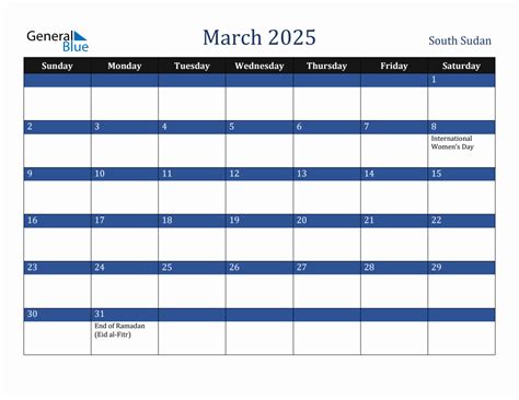 March 2025 South Sudan Holiday Calendar