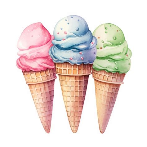 Coloridos Helados En Cono De Galleta Ilustraci N Acuarela Foto Premium