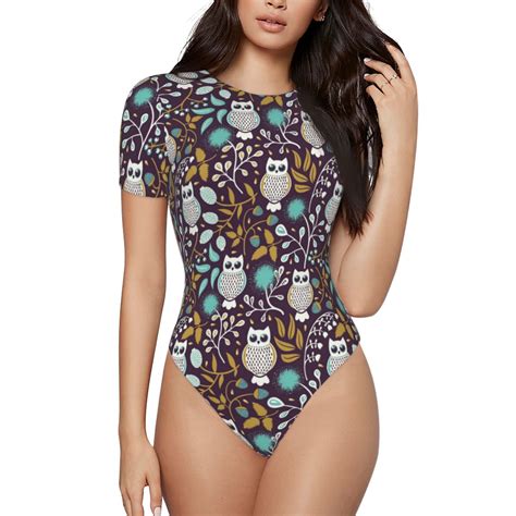 Easygdp Forest Cute Owl Womens One Piece Swimsuit Slim Fit Crew Neck