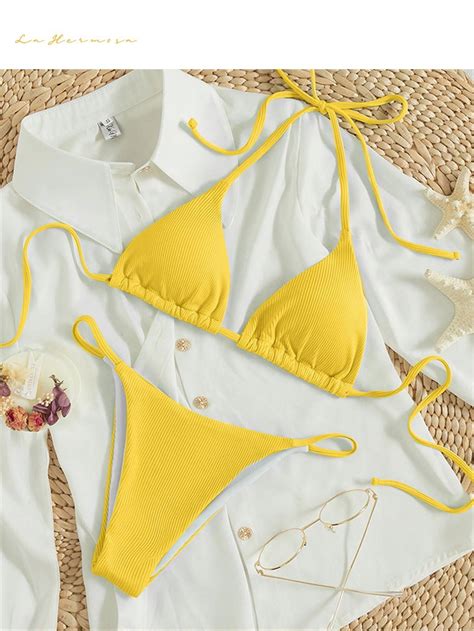 New Multiple Colors Women Summer Sexy Swimsuit Yellow Solid Color Bikini Wholesale Two Pieces