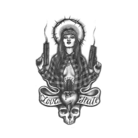 Hood Saint Chola Tattoo / Love Hate Tattoo / Chola With Guns Tattoo ...