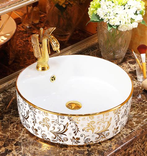 Luxury White And Gold Round Bathroom Basin Royal Toiletry Global