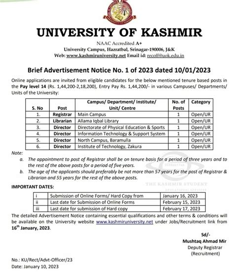 Kashmir University Advertisement Notice for posts at various ...