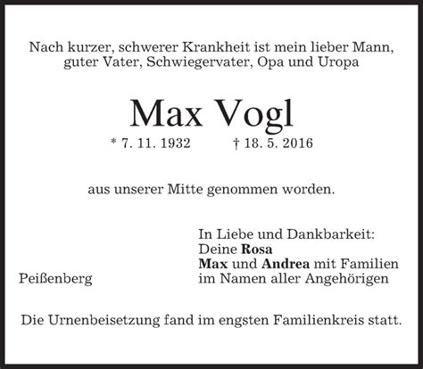 Traueranzeigen Von Max Vogl Trauer Merkur De