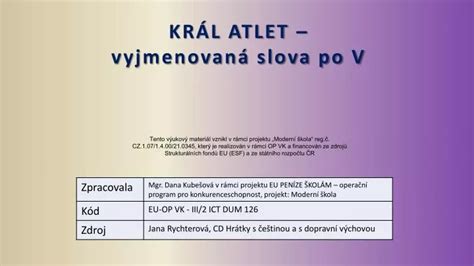 Ppt Kr L Atlet Vyjmenovan Slova Po V Powerpoint Presentation Free