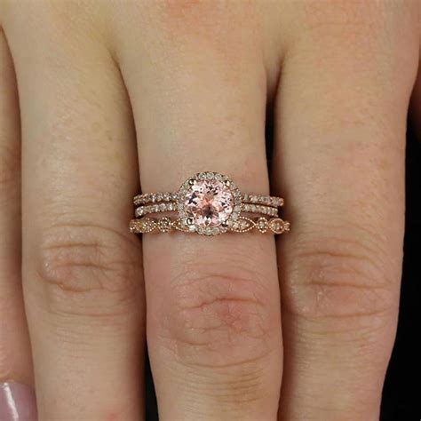 2 Carat Morganite And Diamond Moissanite Trio Ring Set 1 Halo Engagement Ring And 2 Wedding