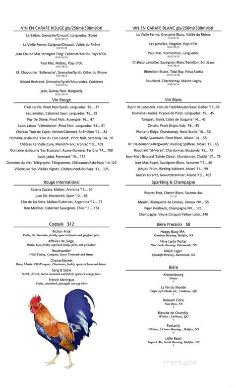 Menu Of Bistro Le Coq In Halifax NS B3J 2B3