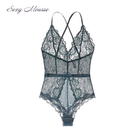 Sexy Mousse Lace Embroidery Hollow Out Deep V Bodysuit Body Shaper Sexy