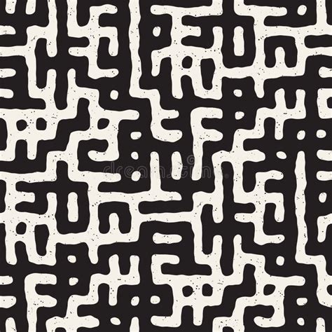 Vector Seamless Black And White Rounded Irregular Maze Pattern Abstract Hand Drawn Background