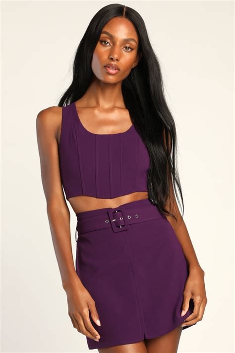 Dark Purple Mini Skirt High Waisted Skirt Belted Mini Skirt Lulus