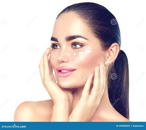 Beauty Spa Brunette Woman Touching Her Face Skincare Stock Photo