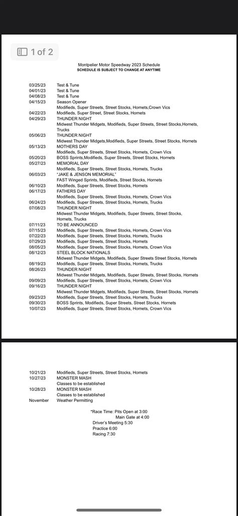 Schedule MONTPELIER MOTOR SPEEDWAY