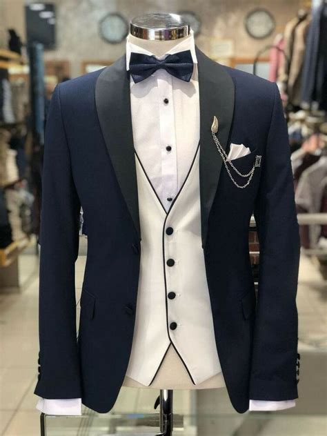 Adebay Men Navy Slim Fit Suit White Vest Groom Tuxedo Suit Formal Wedding Suit Custom