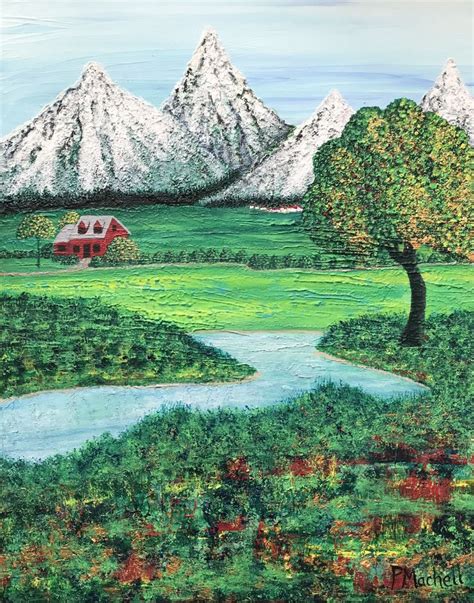 A Painting Of A Green Field With Mountains In The Background And A