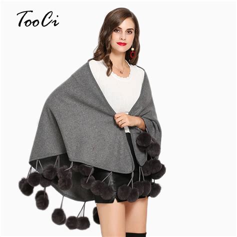 Elegant Fur Ball Poncho Women Spring Fashion Soft Ponchos And Capes