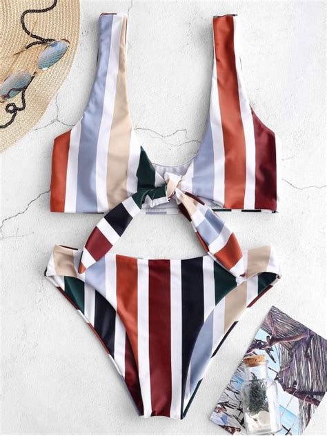 [25 Off] 2021 Zaful Colorful Striped Tie Front Bikini Set In Multi Zaful