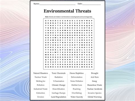 Environmental Threats Word Search Puzzle Worksheet Activity Teaching