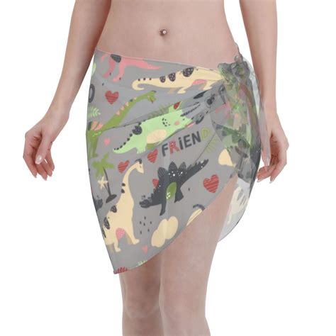 Adobk Women Beach Sarong Bathing Suit Cute Dinosaurs Print Wrap Skirt Sheer Bikini Swimsuit