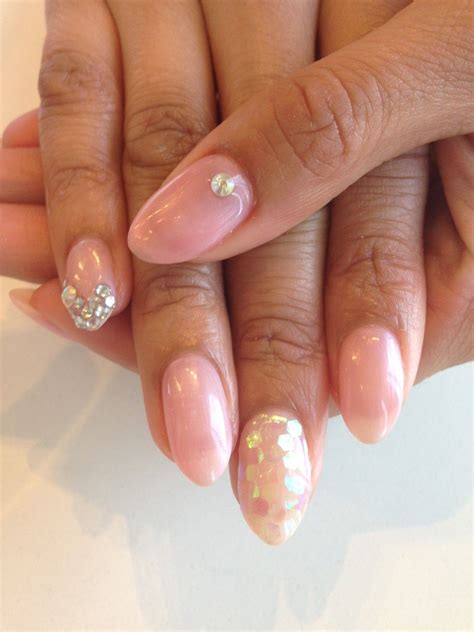 Bio Sculpture Gel Colour 87 Strawberry French With Rhinestones And Iridescent Flakes Nail