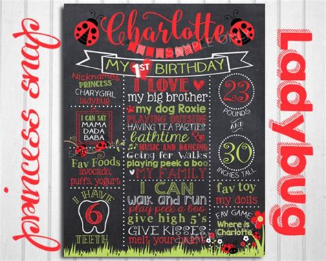 Ladybug First Birthday Chalkboard Poster Lady Bug 1st Etsy