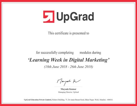 Certificate For Learning Week Digital Marketing Upgrad Accredible