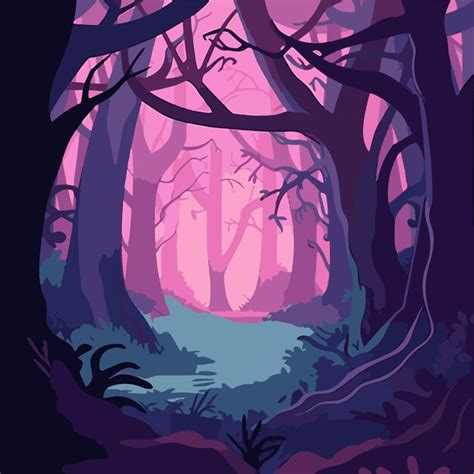 Una Pintura Digital De Un Bosque Con Un Fondo Morado Vector Premium