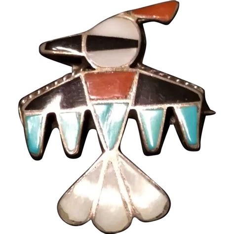 Zuni Thunderbird Pin Fred Harvey Era Inlay Turquoise Gem