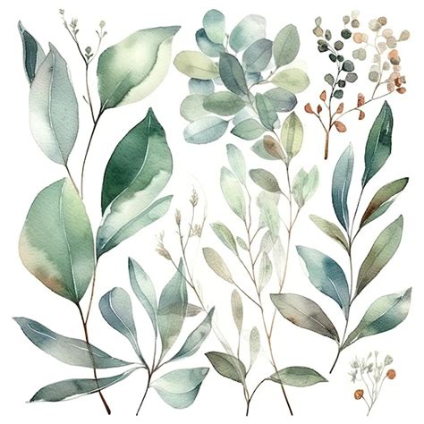 Um Conjunto De Plantas Em Aquarela Foto Premium