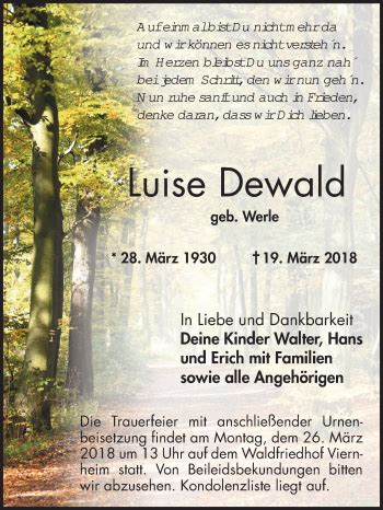 Traueranzeigen Von Luise Dewald Trauerportal Ihrer Tageszeitung