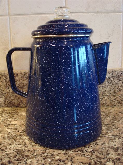 Cobalt Blue And White Speckled Vintage Enamelware Coffee Percolator