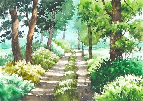 Namil Art Basic Landscape Watercolor Forest Road Sketch And Color