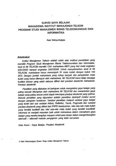 PDF Survei Gaya Belajar Mahasiswa Institut Manajemen Telkom Program