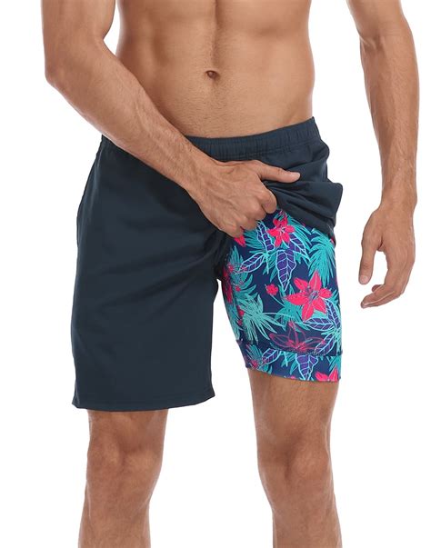 Lrd Mens Swim Trunks With Compression Liner 7 Inch Inseam Black Neon