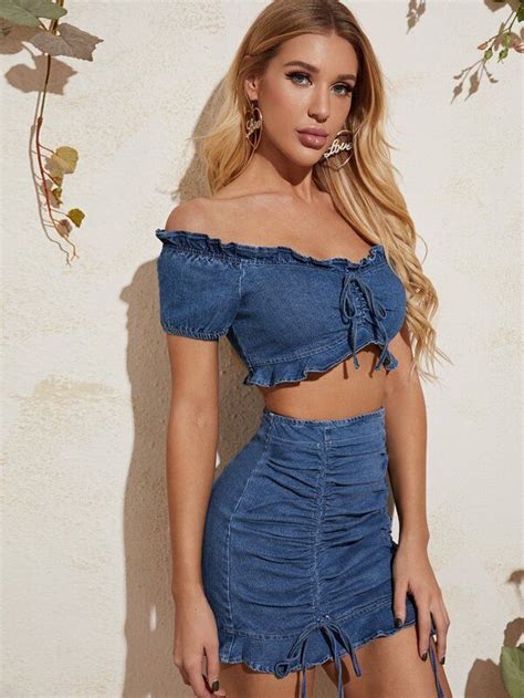 Off Shoulder Ruffle Trim Tie Front Crop Denim Top Denim Crop Top