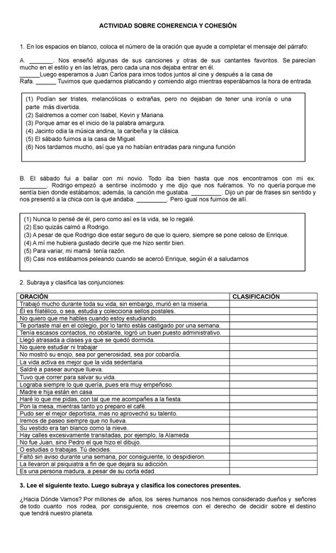 Actividad DE Coherencia Y Cohesión ACTIVIDAD SOBRE COHERENCIA Y