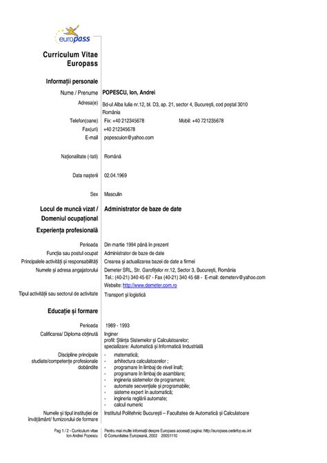 Model Completat De Cv Europass M1prezentare Pag 1 2 Curriculum Vitae Ion Andrei Popescu