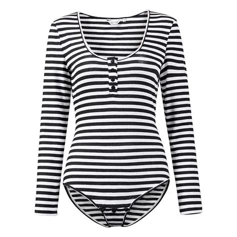 Women Autumn Sexy Bodysuits Knitted Black And White Striped U Neck Long