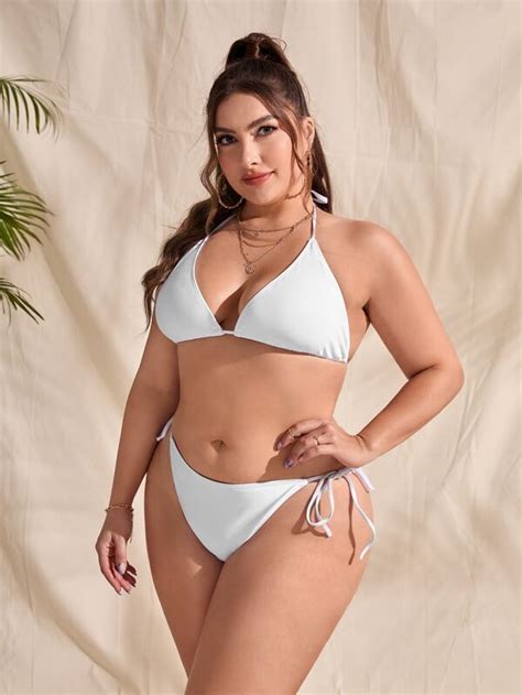 Plus Plain Halter Triangle Bikini Swimsuit With Cover Up Shein Usa