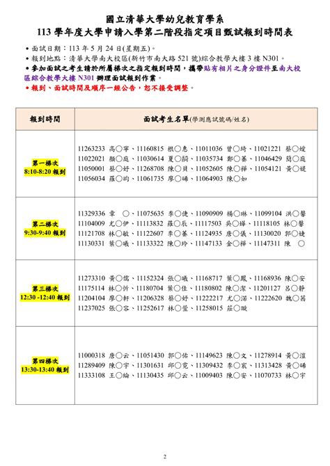 【113517更新】本系113學年度大學申請入學第二階段指定項目甄試通知暨報到時間表 國立清華大學幼兒教育學系