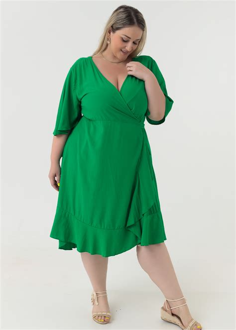 Vestido Transpassado Plus Size Feminino Verde Estilo Pr Prio Moda