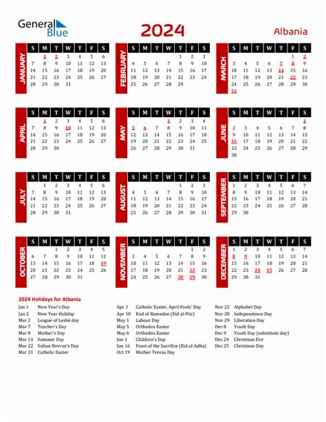 2024 Albania Calendar With Holidays