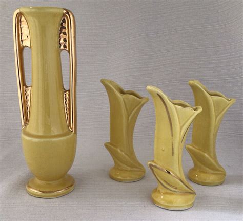 Shawnee Vintage Pottery Yellow Gold Gild Bud Vase W Three Matching