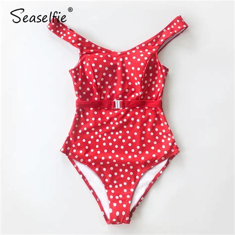 Seaselfie Red Polka Dot One Piece With Belt Women Sexy Cut Out Swimsuit