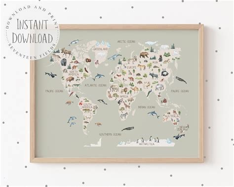 Childrens World Map, Animal World Map, Educational Map, Neutral Nursery ...